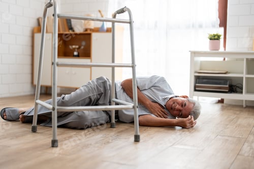 Preview: Asian senior elderly male fall on the ground while walk alone in house.