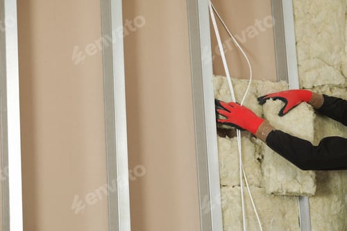 Preview: Worker installing thermal insulation material on wall, closeup