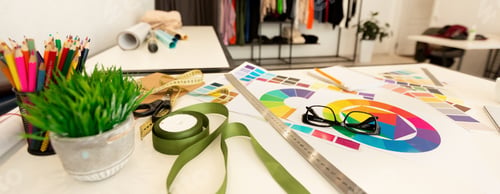 Preview: Fashion designer workplace background, panorama, shallow depth