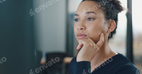 Preview: Call center, customer service and woman in office thinking while consulting. Telemarketing, custome