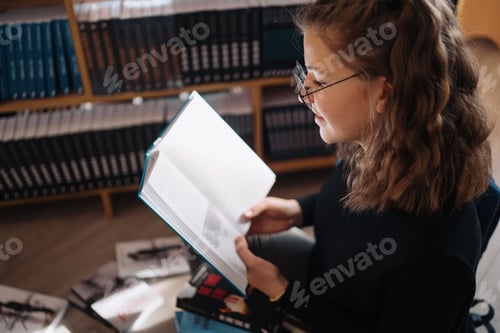 Preview: Beautiful girl is studying reading a book while standing on the floor among books in the bookshop