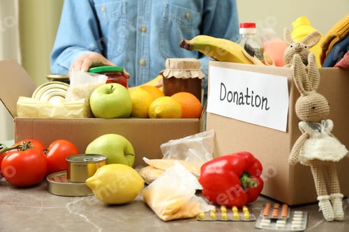 Preview: Donation concept with girl and different food