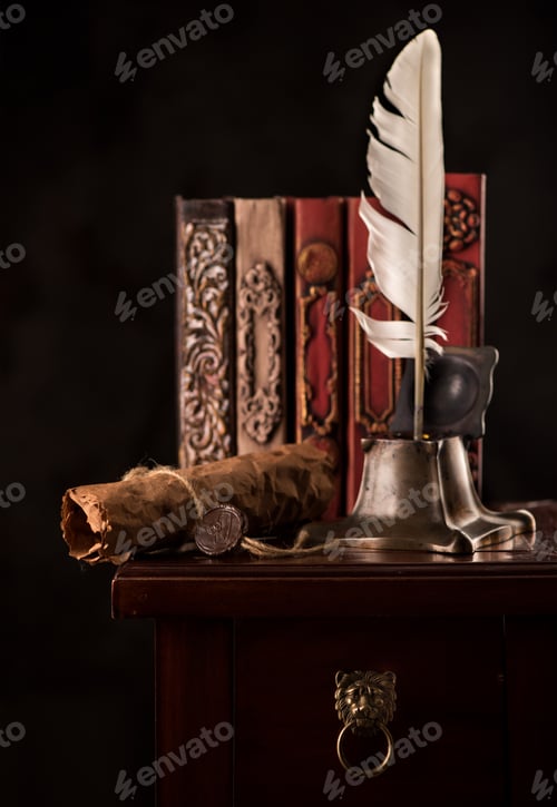 Preview: Vintage books, antique inkwell with feather and manuscript paper scroll with wax seal