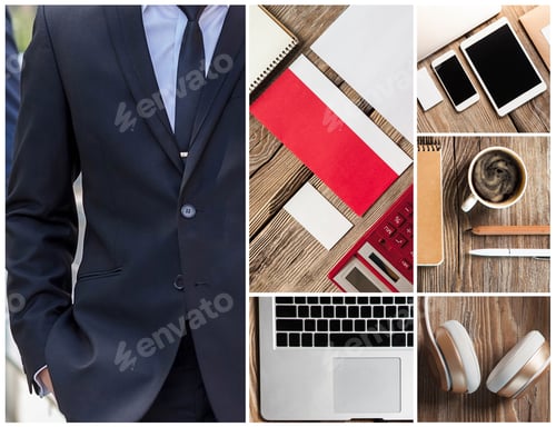 Preview: Collage Or Collection Of Businessman Working Tools On A Wooden Table