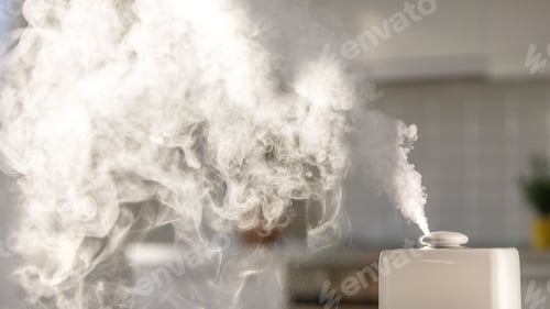 Preview: aroma oil diffuser on the table at home, steam from humidifier