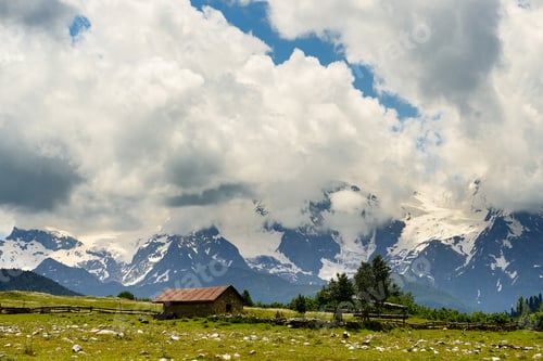 Preview: Barn and distant mountains, Mazeri village, Svaneti, Georgia