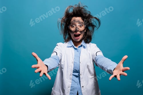 Preview: Wacky looking insane chemistry scientist yelling in panic with messy hairstyle and dirty face