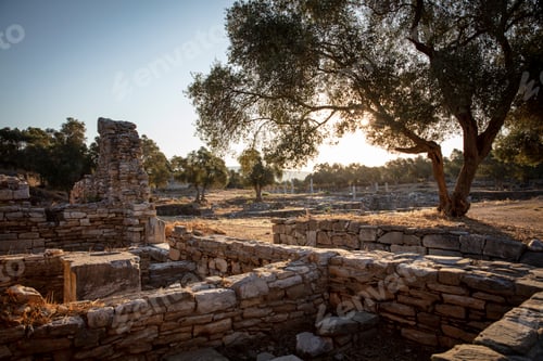 Preview: View of the ruins of Iasos Ancient City in the morning sun. Kiyikislacik, Milas, Mugla, Turkey.