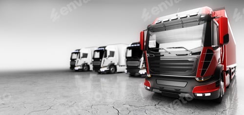 Preview: Fleet of trucks with cargo trailers. Transport, shipping industry.