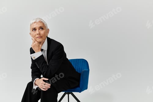 Preview: Stylish Contemplation of a Mature Woman in Sleek Attire Against a Minimalist Backdrop