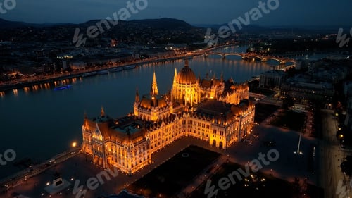 Preview: Aerial view of Budapest Hungarian Parliament Building at night, Hungary