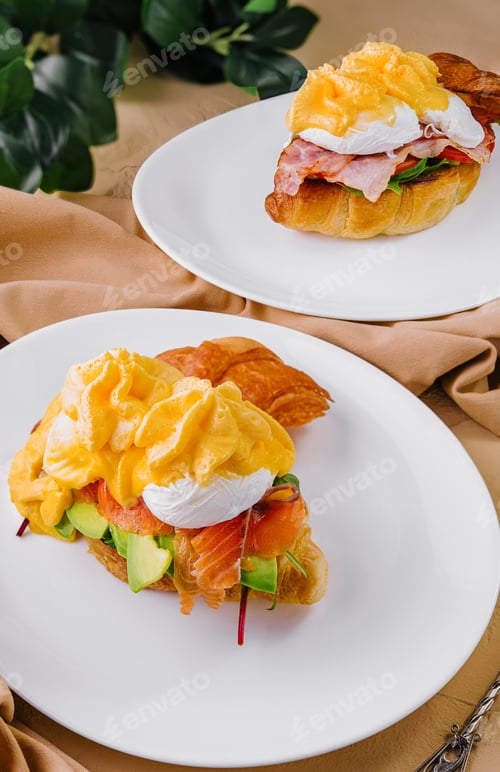 Preview: fresh croissant with smoked salmon and croissant sandwich with bacon