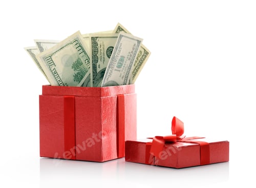 Red Gift Box Filled with US Currency