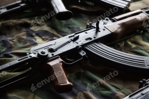Preview: Close up of an AK47 firearm on a camouflage pattern fabric