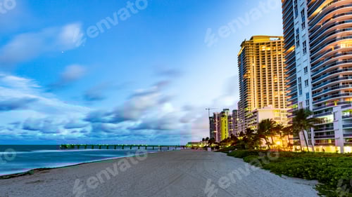 Preview: Illuminated buildings by beach, Miami, Florida, USA