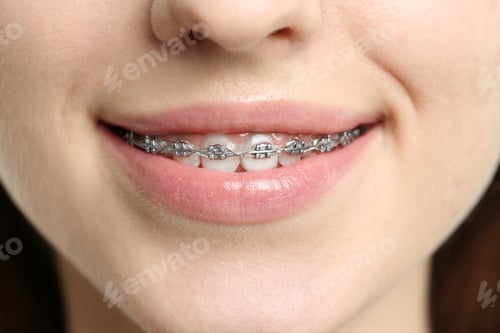 Preview: Smiling woman with dental braces, closeup view