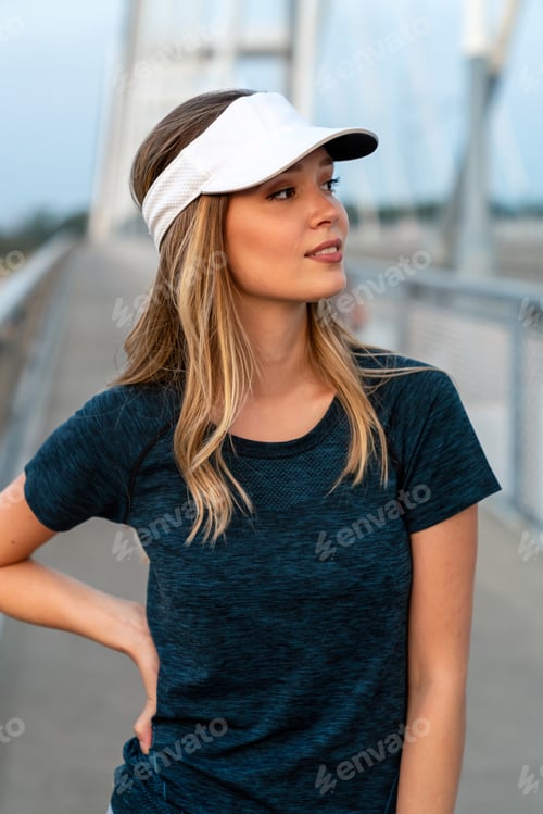 Preview: Fitness sport training and lifestyle concept. Happy fit woman running outdoors in city