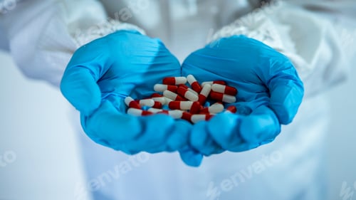 Preview: Hand Holds Pills in Blue Medical Glove
