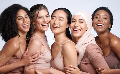 Preview: Portrait, beauty and diversity with woman friends in studio on a gray background together for inclu