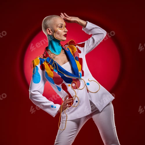 Preview: Studio shot of a stylish young woman posing against a red background