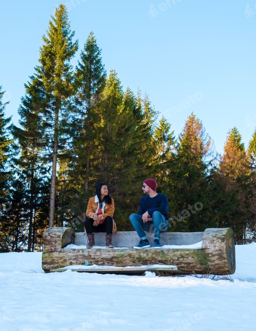 Preview: Couple of men and women in the snow with wood on the background at the Harz National park Germany