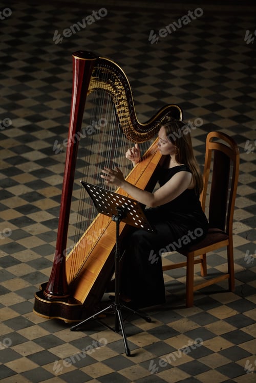 Preview: Female Harpist Playing Classical Music in Dim Light against Checkerboard Floor