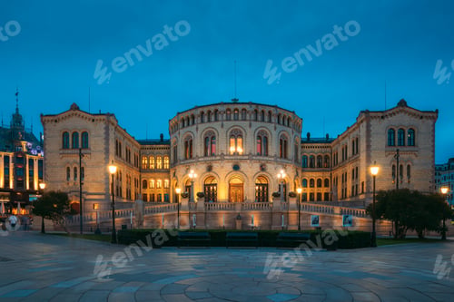 Preview: Oslo, Norway. Night View Of Storting Building. Parliament Of Norway Building