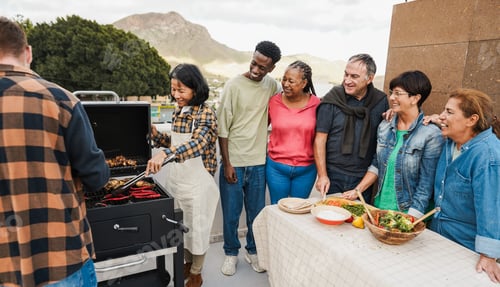 Preview: Happy friends cooking chicken and sweet peppers at barbecue rooftop dinner