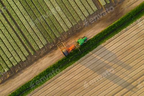 Preview: Aerial shot of a tractor in between agricultural fields
