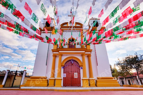 Preview: Red, white and green banners on church, Chiapas, Mexico