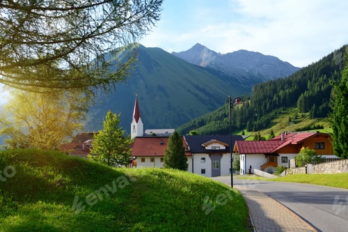 Preview: Colorful sunny morning in the small town of Berwang. Beautiful o