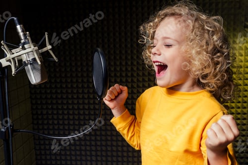 Preview: girl blonde curly hair style star singer artist in a yellow blouse with headphone