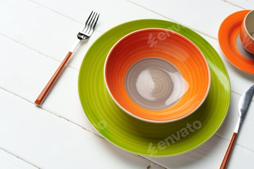 Preview: Top view of color ceramic plate on wooden background