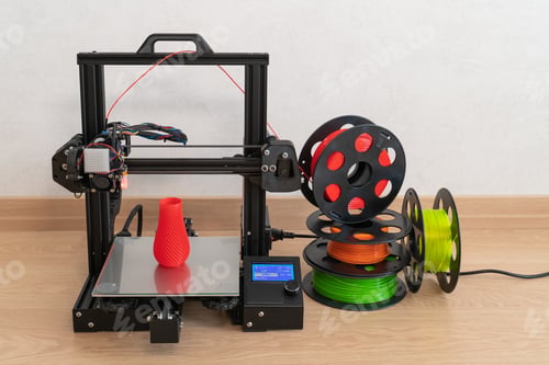 Preview: Modern 3D printer and multi-colored filament spools