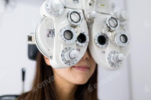 Preview: Woman doing eyesight measurement with optical phoropter
