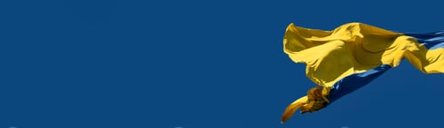 Preview: Flag of Ukraine flutters in blue sky. Large yellow blue Ukrainian national state flag. War