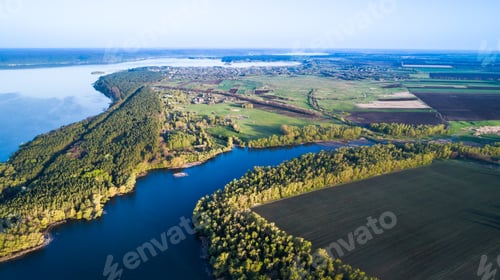 Preview: Flying over the beautiful spring river. Aerial camera shot. Ukraine