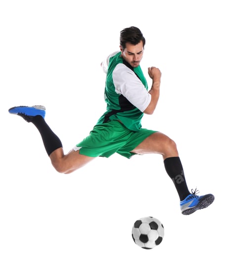 Vista previa: Young man playing football on white background