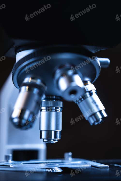 Preview: Scientific microscope lens working with data analysis in the medical laboratory, medicine equipment