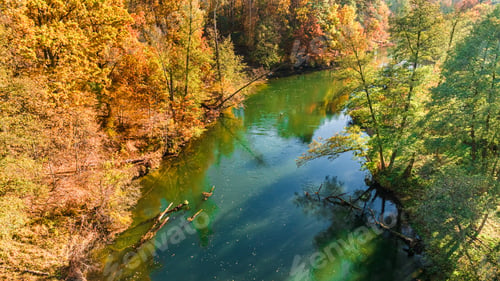 Preview: River Brda and forest in autumn at sunrise, Poland.