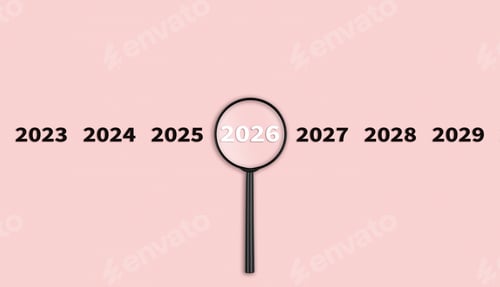 Preview: Lens, magnifying glass focusing on the year 2026 on a Beige background. Financial or stock market