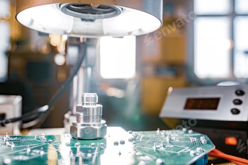 Preview: Modern microscope, connectors component and large green microcircuit in workshop laboratory