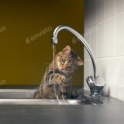 Preview: Tabby cat playing with the water from the tap