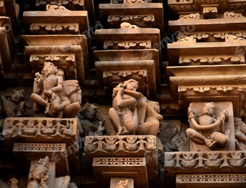 Preview: Stone carving sculptures on Khajuraho Temple, a UNESCO world Heritage site, India.