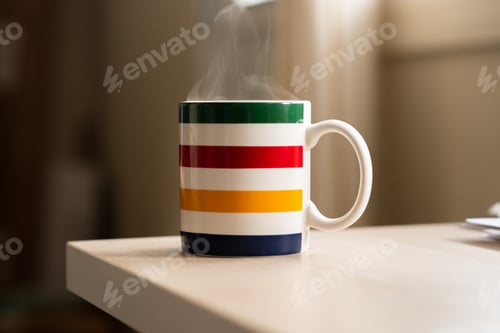 Preview: Closeup of a hot drink in a white cup with colorful stripes on the table under the lights