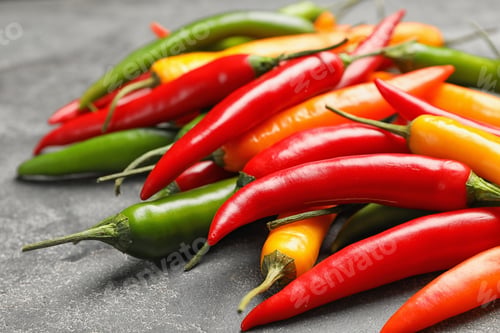 Preview: Different ripe chili peppers on grey table, closeup