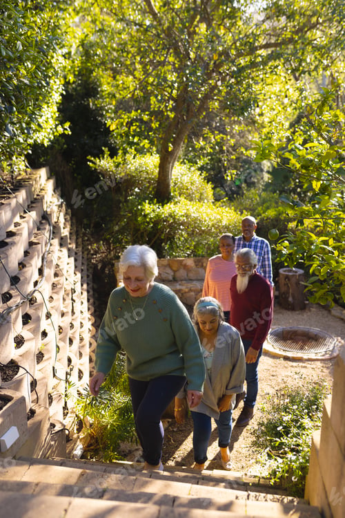 Preview: Happy diverse group of senior friends walking up stairs in sunny garden