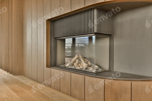 Preview: a fireplace in a wooden wall with wood paneling