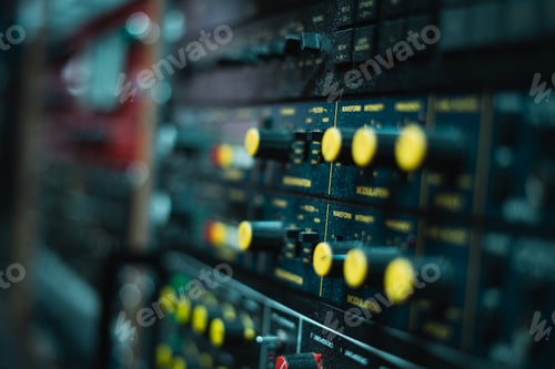 Preview: Closeup shot of the buttons and details of sound engineering mixer