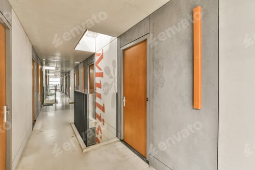 Preview: the corridor of a building with doors and a mural